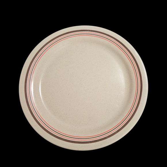 Vintage Prolon Melamine Plates Set of 7 Beige Speckled Red Brown Stripe 9" USA - Picture 2 of 4